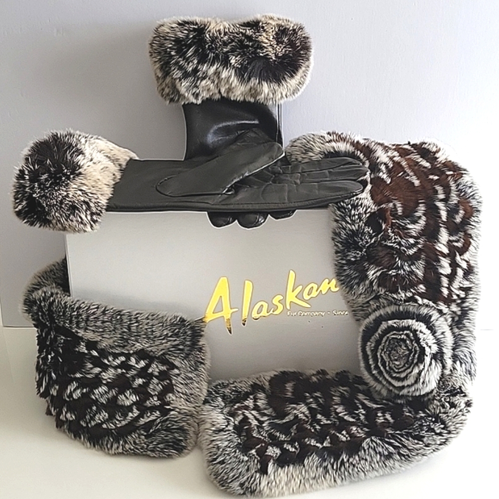 Alaskan Fur Knit Snow Top REX Scarf Headwrap + matching Lambskin LEA Gloves NWT - Picture 3 of 14